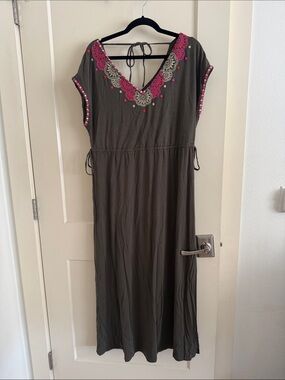 Boden Olive Maxi Dress with Pink Embroidered Accents